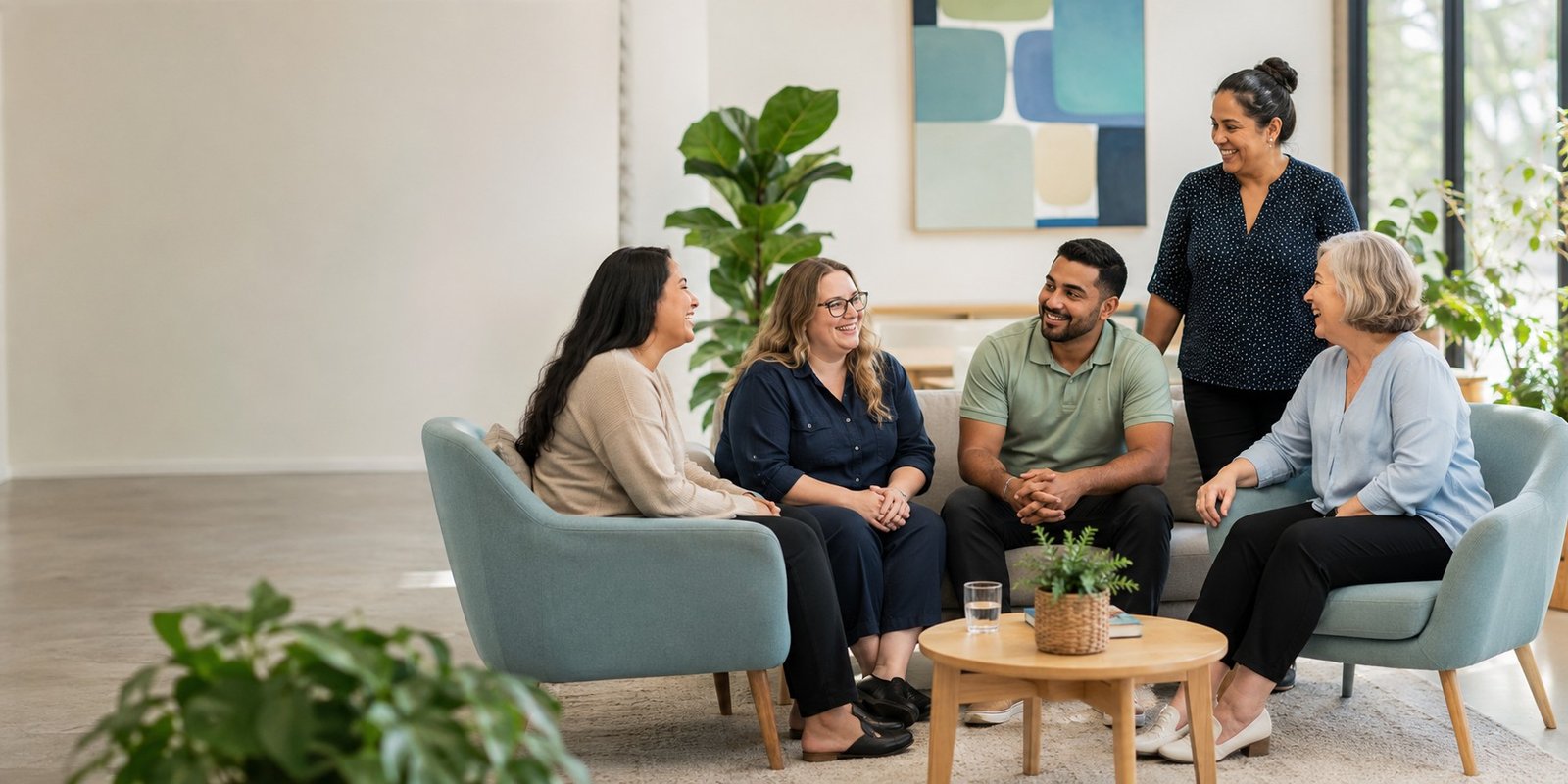 A small, friendly team of support workers chatting and smiling together in a bright, welcoming space