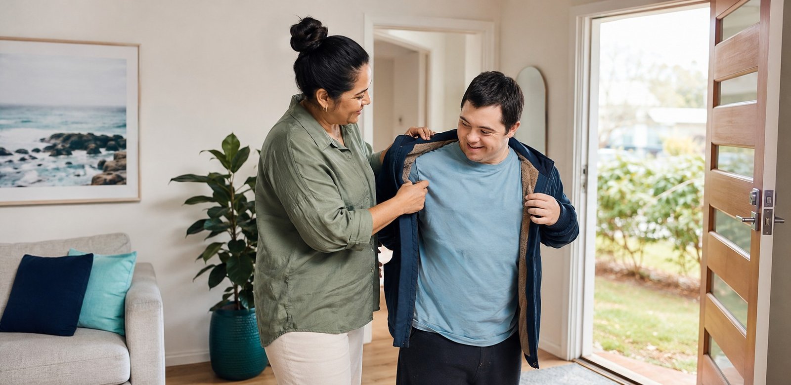 A support worker respectfully helping a person get ready for the day