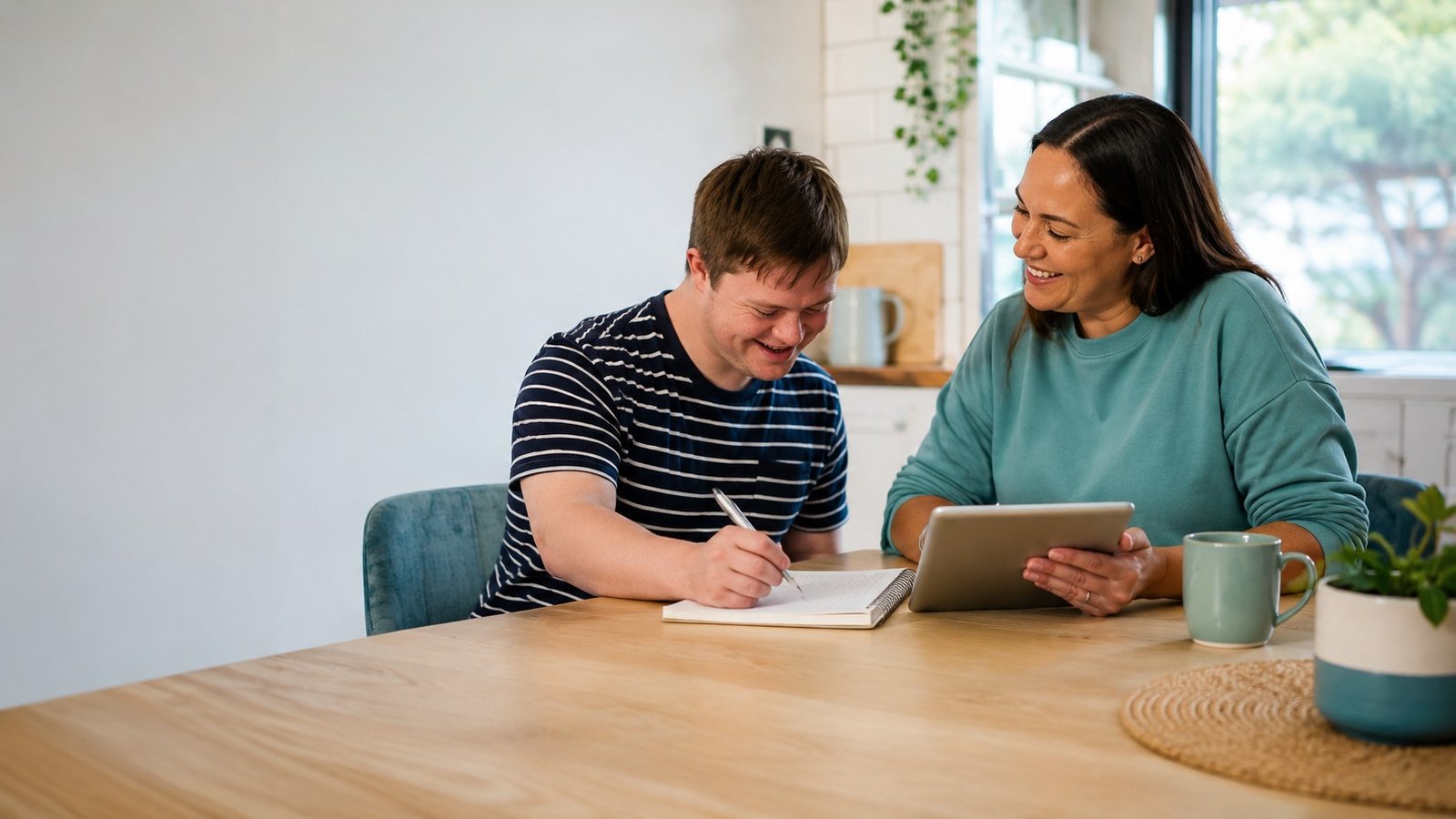 A worker and participant learning a practical skill together at home