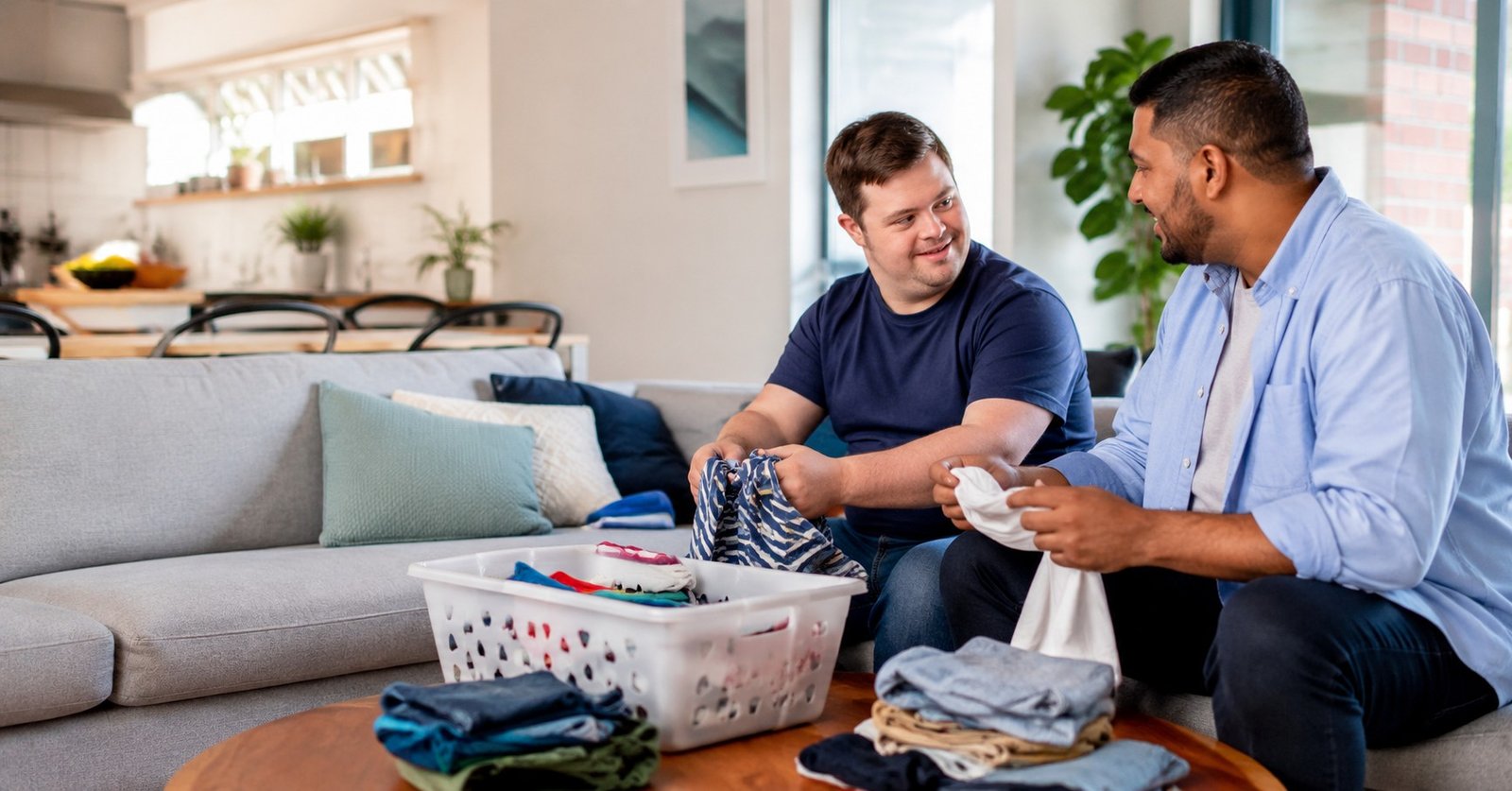 A person and their support worker sharing kitchen jobs together in a bright, tidy home
