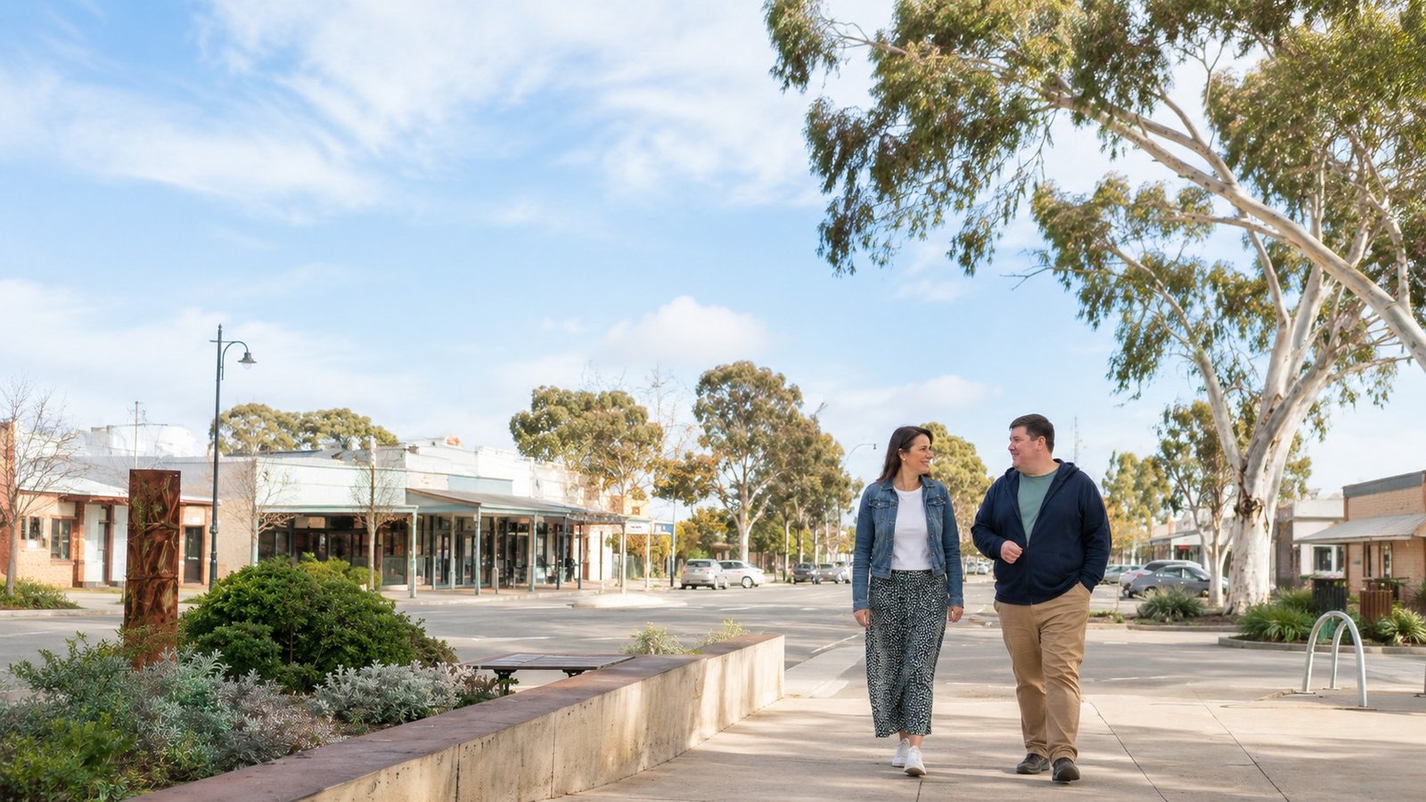 A support worker and a participant out together in a friendly regional Victorian town centre
