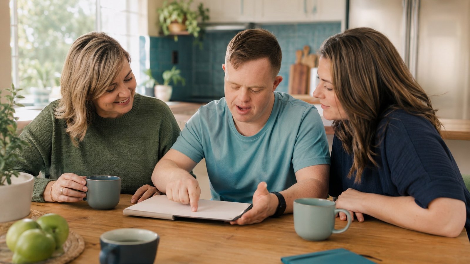 A participant, a support worker and a family member weighing up options together at a kitchen table